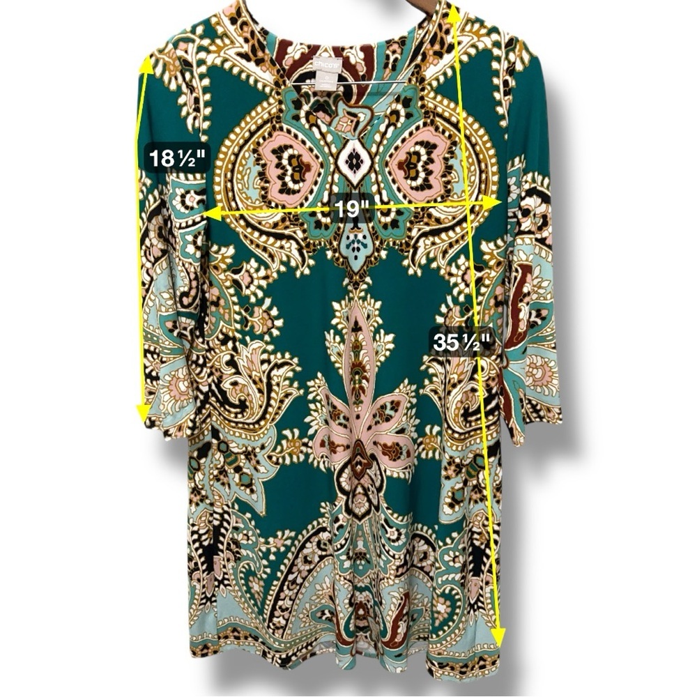 135 Chico’s | NWOT Green Pink Paisley Shift Dress (Size 4/6) - Picture 8 of 11